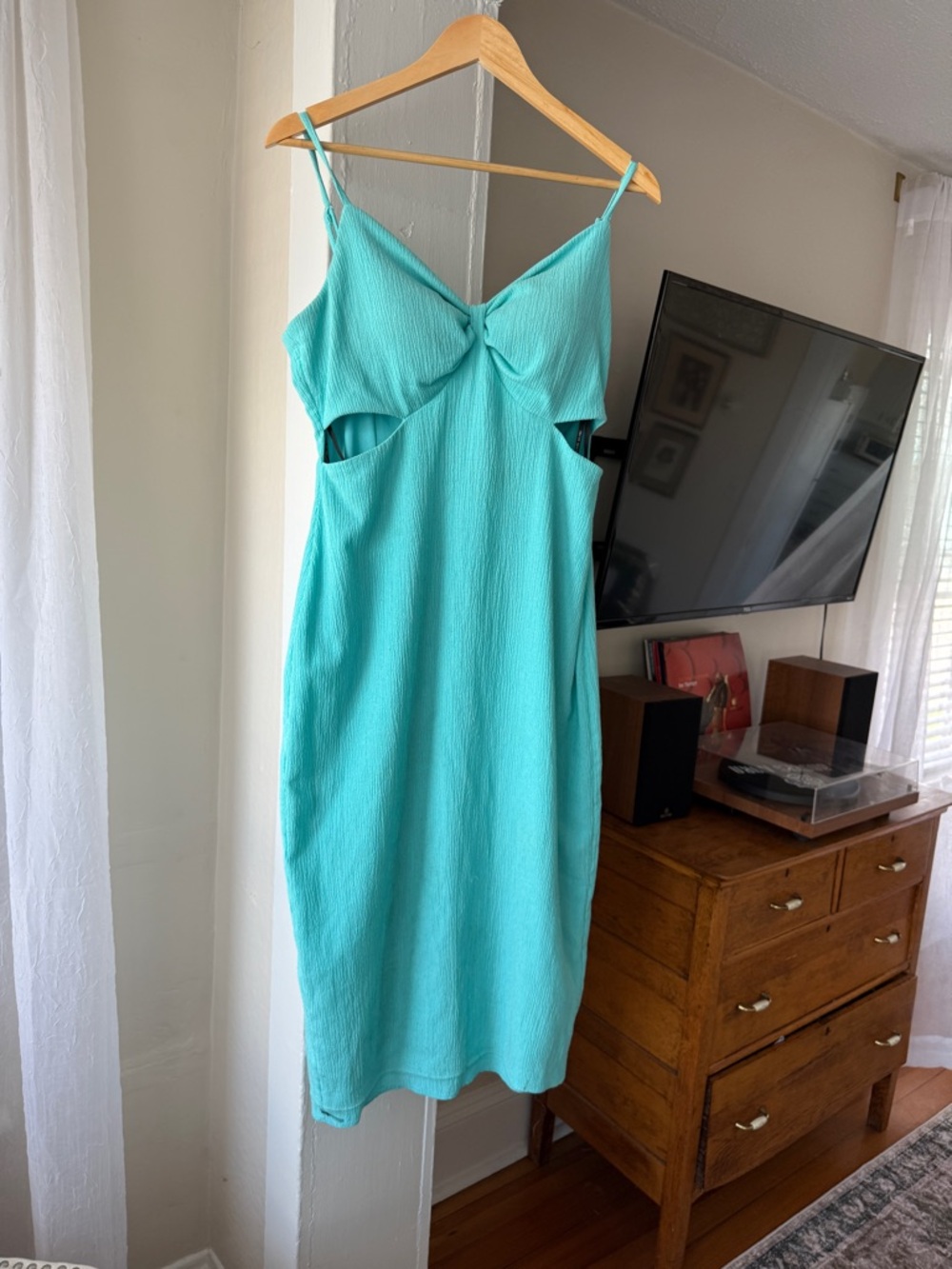 GUESS Teal Midi Dress – Size 12 – Cutout Front & Bow Detail